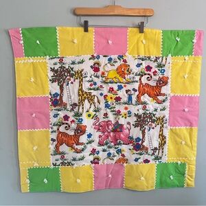 Vintage Baby Quilt - Safari Animals Giraffe Elephant Lion Tiger - Light Blanket